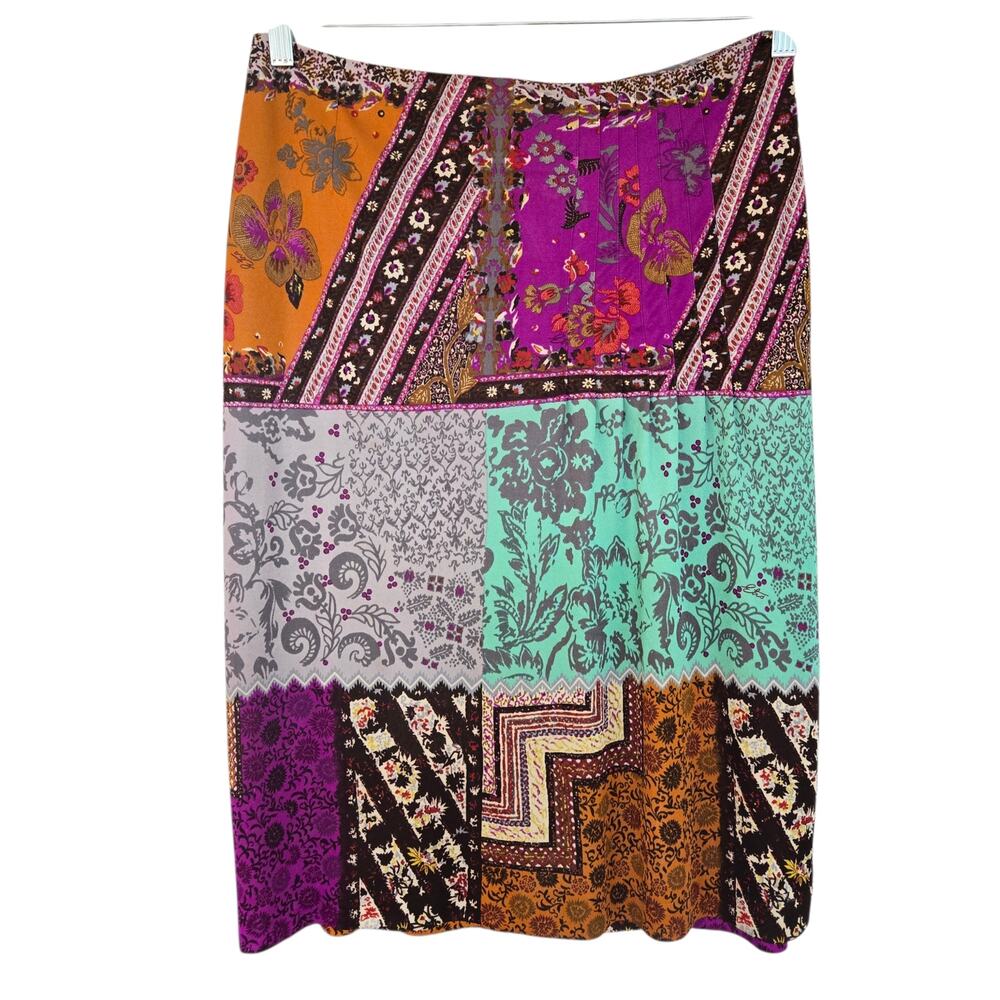 Vintage Etro Patchwork Print Straight Skirt with Pleating. Size 48 Large
